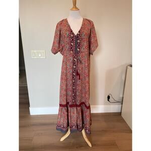 Boemo X Anthropologie  Paisley Floral Maxi Dress Boho Drawstring S/S Size XLP